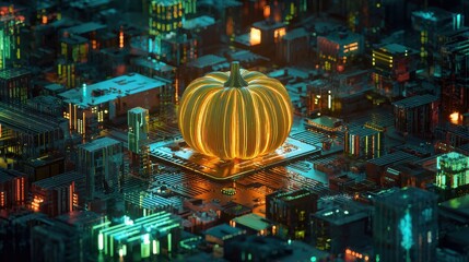 Isometric 3D render of a futuristic Halloween pumpkin serving robot with glowing trays and neon-lit details.