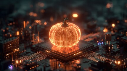 Isometric 3D render of a futuristic Halloween pumpkin serving robot with glowing trays and neon-lit details.