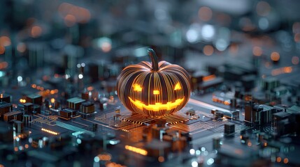 Isometric 3D render of a futuristic Halloween pumpkin serving robot with glowing trays and neon-lit details.