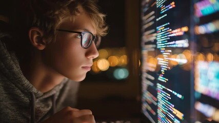 A young man is looking at a computer screen with a lot of code on it. He is wearing glasses and he is focused on the screen. Concept of concentration and determination as the man works on his computer