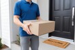 © Moopingz - A person in a blue shirt holds a cardboard delivery box outside a house with a welcome mat, ready to deliver or receive a package.