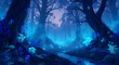 © jubair - Enchanted forest path illuminated by glowing blue mushrooms and ethereal mist