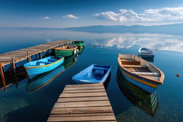 Naklejka na meble Dazzling calm of colorful boats floating serenely on still waters under a clear blue sky at midday in a tranquil lakeside setting