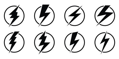 Black isolated lightning icon on white background. Different shapes vector isolated lightning set. Thunder, charge icon. Abstract thunder icon. EPS 10. 
