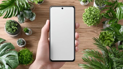 Person's hand holding modern cellphone with blank white screen indoors against gray backdrop, ready for app display or mockup