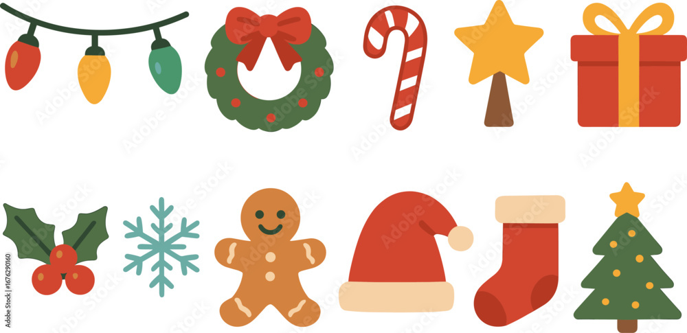 Holiday and christmas flat icon set. celebration, festive symbols ...