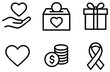 © Innovator587 - Charity and donation linear icon set. featuring heart, hand, box, gift, coin, and ribbon symbols