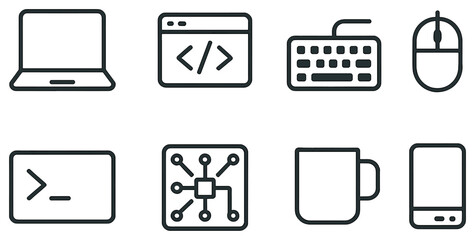 Technology flat icon set. featuring laptop, coding window, keyboard, mouse, terminal, circuit, mug, smartphone