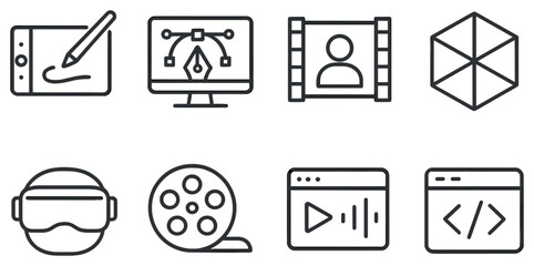 Digital media linear icon set. featuring drawing tablet, graphic design, video editing, coding, and vr icons