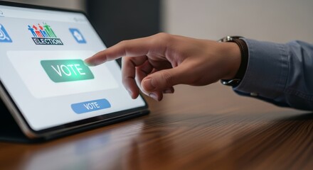 Close-up of hand casting vote online using digital tablet.  'VOTE' button on screen. conceptual image represents e-voting, digital democracy, and future of elections through modern technology