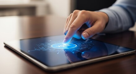 Close-up of hand casting vote online using digital tablet.  'VOTE' button on screen. conceptual image represents e-voting, digital democracy, and future of elections through modern technology
