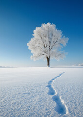 Wall Mural - Snowy field with a lone tree