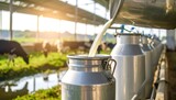 Fresh milk being poured into a metal container at a dairy farm during sunset, with cows grazing