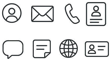 Communication flat icon set. featuring user, email, phone, contact, chat, message, globe, id symbols