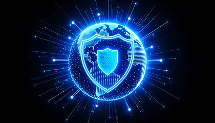 Wall Mural - blue digital shield icon positioned at the center of a transparent Earth