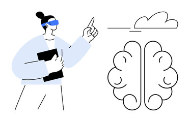 Wall Mural - Person wearing VR glasses pointing toward cloud with brain imagery, symbolizing technology, innovation, learning, AI, digital thinking, futuristic concepts, and creative breakthroughs. Ideal
