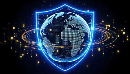 Wall Mural - blue digital shield icon positioned at the center of a transparent Earth