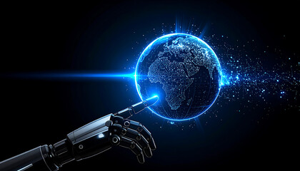 Wall Mural - The globe is composed of illuminated blue lines and points, with radiant light with ai robot hand