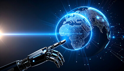Wall Mural - The globe is composed of illuminated blue lines and points, with radiant light with ai robot hand