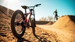 © mediawhalelicensing  - Mountain bike stands on a dirt track as cyclist practices jumps in background
