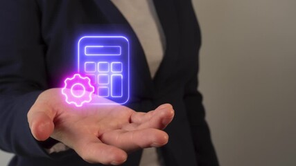 Financial calculation optimization. A businesswoman's hand holding a virtual icon of a calculator with a gear.