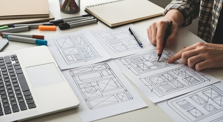 User Interface Designer Creating Wireframes for an App on a Desk with Markers and a Laptop