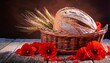 © Cecile - a rustic loaf of bread in a wicker basket surrounded by vibrant red poppies and wheat stalks