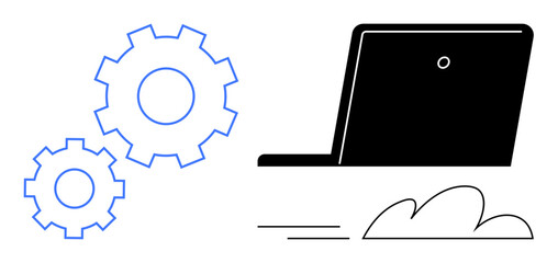 Blue gears beside a black laptop with motion lines and a cloud. Ideal for automation, productivity, innovation, workflow, technology, efficiency, digital transformation. Simple flat metaphor