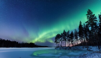 Wall Mural - vibrant northern lights over frozen lake with silhouetted pine trees at night