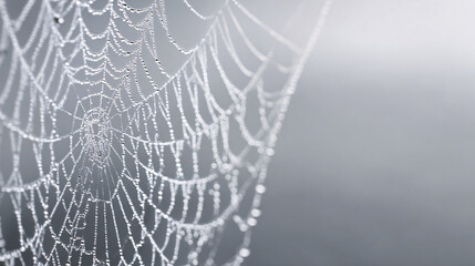 close-up of delicate spider web with fine dew-covered threads on soft misty grey background, crisp silk detail, minimalist spooky atmosphere with blank space
