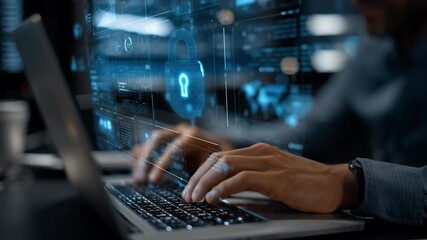 Programmer working on cybersecurity with futuristic software and holographic interface with padlock icon