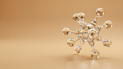 Wall Mural - Abstract 3D render of a single, sparkling glass molecular structure isolated on a warm beige background. Clean, minimalist scientific or cosmetic concept. 3d illustration Stock Illustration