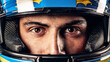 © venars.original - Concentrated stare of male Formula one racer pilot in helmet, poised for action. Close-up of male face and eyes. Concept of motorsport, competition, readiness.