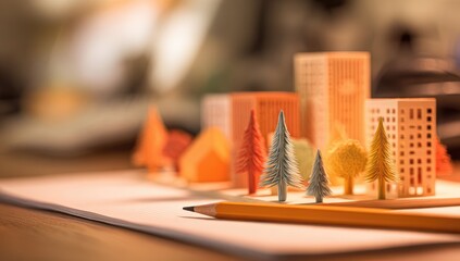 Miniature city model, colorful buildings and trees on paper, pencil