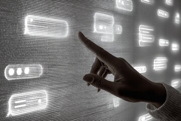 A hand touches a glowing digital display of chat messages