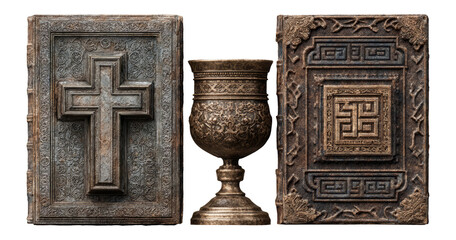 Antique Religious Artifacts with Cross Book and Chalice on White Background
