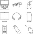 © Firmansyah - A collection of outlined tech gadgets including a laptop, keyboard, mouse, monitor, headphones, smartphone, remote control, USB drive, and power adapter.