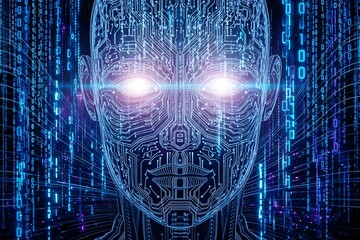 artificial intelligence digital mind with glowing eyes and binary code