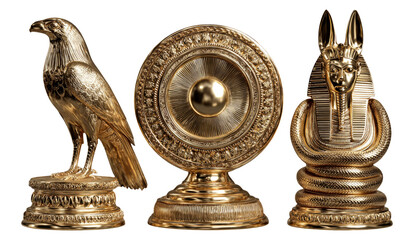 Golden Decorative Objects with Ancient Designs on Transparent Background