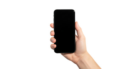 Hand holding a modern smartphone with a blank black screen