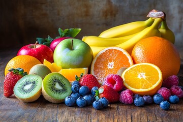 Wall Mural - Fresh Fruits Colorful Display of Bananas, Apples, Oranges, Berries, and Kiwi Slices