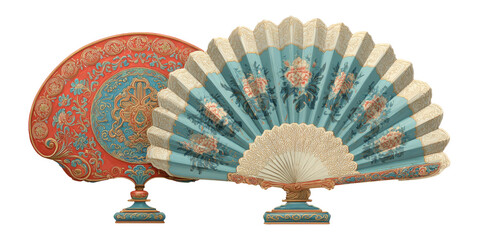 Decorative Vintage Fan with Floral Design on Transparent Background