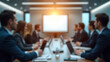 © narumon - Abstract blurred business conference room. People in suits sitting around tables. Glowing presentation screen. Modern corporate environment.