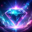 © Novi - Glowing neon diamond crystal with cyan-pink aura in futuristic holographic space