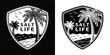 © Vectoravec - Shield emblem depicting a tropical beach scene with palm trees, waves, and the phrase salt life, evoking a relaxed coastal lifestyle and vacation vibes, available in black and white versions