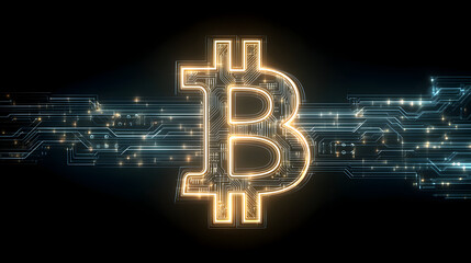 Golden bitcoin symbol with circuit board background for cryptocurrency and blockchain concept