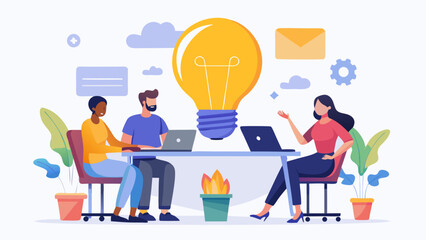 Team brainstorming with a lightbulb idea illustration