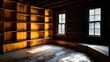 © Jojo* - Sunlight streams into an antique room, illuminating aged wooden shelves and a worn wooden floor.