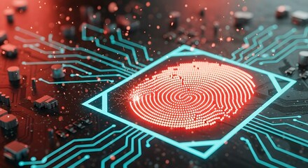 Fingerprint integrated into circuit design, minimalist cyber security technology concept with abstract background