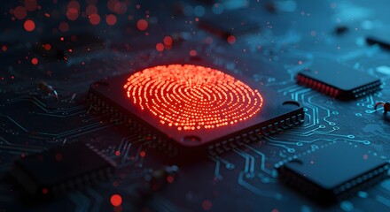 Fingerprint integrated into circuit design, minimalist cyber security technology concept with abstract background